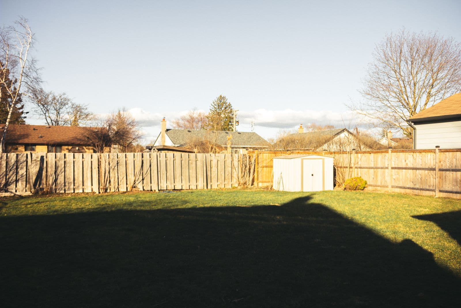 Backyard with a wood privacy fence, shed and lawn
